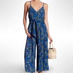 Free People Hot Tropics Wide Leg Tie Waist Jumpsuit Size 6 Tropical Teal Floral